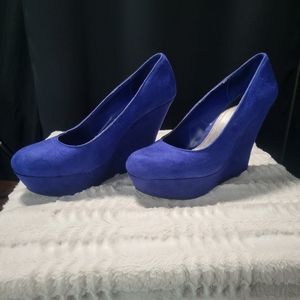 Brash blue suede platform wedge heel
